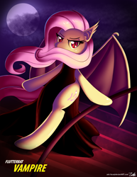 Size: 1275x1650 | Tagged: safe, artist:zelc-face, imported from derpibooru, fluttershy, bat pony, pony, bipedal, clothes, dress, female, flutterbat, full moon, moon, red eyes, solo, stairs