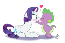 Size: 1200x791 | Tagged: safe, artist:pia-sama, imported from derpibooru, rarity, spike, dragon, pony, unicorn, blushing, cute, duo, eyes closed, female, floppy ears, heart, kiss on the lips, kissing, male, mare, nose wrinkle, prone, shipping, simple background, sparity, straight, surprise kiss, surprised, white background