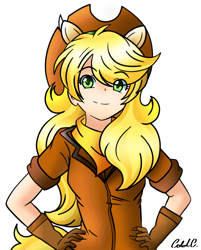 Size: 1739x2160 | Tagged: safe, artist:ciderpunk, derpibooru exclusive, imported from derpibooru, oc, oc only, oc:applesunrise, human, clothes, cowboy hat, eared humanization, hand on hip, hat, humanized, humanized oc, looking at you, scarf, simple background, smiling, solo, tailed humanization, white background