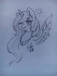Size: 2448x3264 | Tagged: safe, artist:red_moonwolf, imported from derpibooru, princess celestia, bust, cute, cutelestia, female, one eye closed, smiling, solo, spread wings, sun, traditional art, wink