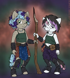 Size: 898x1000 | Tagged: safe, artist:kaemantis, imported from derpibooru, oc, oc only, oc:silver lining, oc:silver storm (kaemantis), anthro, unguligrade anthro, anthro oc, belly button, clothes, cute, looking at you, magical lesbian spawn, midriff, offspring, pants, parent:silver spoon, parent:sweetie belle, parents:silverbelle, stick, twins