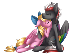Size: 2277x1605 | Tagged: safe, artist:scarlet-spectrum, imported from derpibooru, oc, oc only, oc:bay breeze, oc:mahx, pegasus, pony, bahx, commission, cuddling, cute, duo, eyes closed, male, simple background, smiling, straight, transparent background