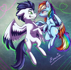 Size: 759x754 | Tagged: safe, artist:esmeia, imported from derpibooru, rainbow dash, soarin', pegasus, pony, chest fluff, ear fluff, female, looking at each other, male, mare, shipping, smiling, soarindash, stallion, straight
