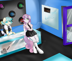 Size: 1024x869 | Tagged: safe, artist:scarletheartarts, imported from derpibooru, coco pommel, sweetie belle, oc, oc:cocobot, anthro, robot, unguligrade anthro, breasts, busty sweetie belle, canon x oc, clothes, cute, female, music, necktie, pleated skirt, shipping, skirt, socks, working