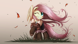 Size: 2000x1125 | Tagged: safe, artist:ncmares, imported from derpibooru, fluttershy, pegasus, pony, autumn leaves, boots, clothes, cute, female, hoof boots, jacket, leaf, leaves, mare, one eye closed, pants, raised hoof, shyabetes, signature, smiling, solo, wallpaper, wind, windswept mane, windswept tail
