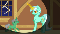 Size: 1024x586 | Tagged: safe, artist:hovesoffire48, imported from derpibooru, lyra heartstrings, oc, oc:emerald symphony, pony, unicorn, eyes closed, foal, glowing horn, lightning, magic, mother and son, open mouth, scared, window