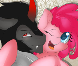 Size: 971x823 | Tagged: dead source, safe, artist:evange, imported from derpibooru, king sombra, pinkie pie, earth pony, pony, unicorn, armor, blushing, bust, colored pupils, crack shipping, fangs, female, fluffy, hug, lidded eyes, looking at you, male, mare, nuzzling, one eye closed, open mouth, portrait, shipping, smiling, sombrapie, stallion, straight, wink