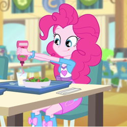 Size: 1082x1076 | Tagged: safe, imported from derpibooru, screencap, cherry crash, dj pon-3, pinkie pie, vinyl scratch, equestria girls, pinkie on the one, rainbow rocks, boots, cropped, cute, food, high heel boots, milk, salad, syrup