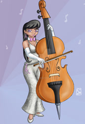 Size: 800x1161 | Tagged: safe, artist:yunsildin, imported from derpibooru, octavia melody, human, bow (instrument), bowtie, breasts, cello, cleavage, clothes, dress, evening gloves, female, gloves, humanized, musical instrument, solo, watermark