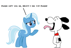 Size: 1024x685 | Tagged: safe, artist:michaelsquishyeddy89, imported from derpibooru, trixie, pony, unicorn, charlie brown, collar, dialogue, eyes closed, peanuts, raised hoof, simple background, snoopy, tongue out, white background