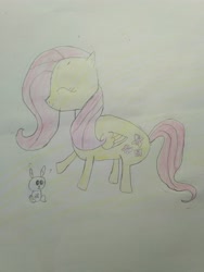 Size: 3120x4160 | Tagged: safe, artist:sumi-mlp25, imported from derpibooru, angel bunny, fluttershy, rabbit, eyes closed, female, happy, paper, smiling, solo, traditional art