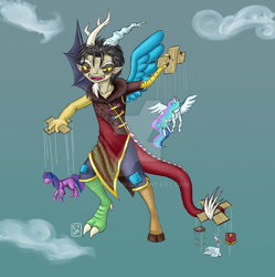 Size: 900x904 | Tagged: safe, artist:yunsildin, imported from derpibooru, discord, princess celestia, twilight sparkle, human, cloud, evil grin, flying, grin, house, humanized, looking down, open mouth, puppet, puppet rig, puppet strings, rain, sky, smiling, spread wings, tail hold, water, watermark