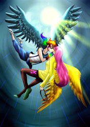 Size: 2893x4092 | Tagged: safe, artist:clau-wolfy, imported from derpibooru, fluttershy, rainbow dash, human, eyes closed, female, flutterdash, flying, humanized, kissing, lesbian, shipping, winged humanization, wings