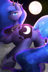 Size: 2362x3496 | Tagged: safe, artist:hosikawa, imported from derpibooru, princess luna, alicorn, pony, butt, female, leaning, lidded eyes, looking at you, looking back, mare in the moon, moon, moonbutt, plot, praise the moon, raised leg, smiling, solo