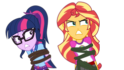 Size: 6000x3375 | Tagged: safe, artist:limedazzle, imported from derpibooru, sci-twi, sunset shimmer, twilight sparkle, equestria girls, legend of everfree, absurd resolution, bondage, clothes, duo, glasses, i've seen enough hentai to know where this is going, scared, shorts, show accurate, simple background, tied up, transparent background, vector, vine, worried