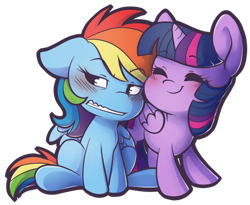 Size: 800x655 | Tagged: safe, artist:ashleynicholsart, deleted from derpibooru, imported from derpibooru, rainbow dash, twilight sparkle, alicorn, pegasus, pony, blushing, chibi, eyes closed, female, floppy ears, lesbian, mare, shipping, simple background, sitting, smiling, transparent background, twidash, twilight sparkle (alicorn)
