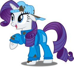 Size: 5000x4544 | Tagged: safe, artist:dashiesparkle, imported from derpibooru, rarity, the cart before the ponies, absurd resolution, cap, coveralls, dirty, female, grease, hat, mechanic coveralls, open mouth, overalls, raised hoof, simple background, solo, transparent background, vector