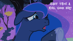 Size: 1000x563 | Tagged: safe, edit, edited screencap, imported from derpibooru, screencap, princess luna, luna eclipsed, bronybait, female, hug, hug request, image macro, meme, sad, solo, ye olde english