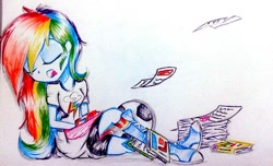 Size: 640x389 | Tagged: safe, artist:liaaqila, imported from derpibooru, rainbow dash, equestria girls, book, clothes, cute, cutie mark, cutie mark dress, cutie mark on clothes, dashabetes, eyes closed, female, flyer, football, sleeping, solo, traditional art