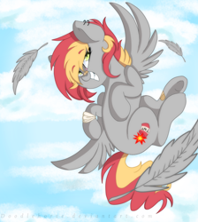 Size: 3674x4096 | Tagged: safe, artist:doodlehorse, imported from derpibooru, oc, oc only, bandage, explosives, feather, piercing, solo, tnt, underhoof