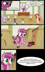 Size: 2016x3240 | Tagged: safe, artist:dinkyuniverse, imported from derpibooru, apple bloom, cheerilee, diamond tiara, ruby pinch, shady daze, silver spoon, pony, comic:wine essence, comic, exclamation point, filly, ponyville schoolhouse, saddle bag, school