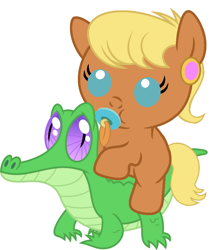 Size: 786x917 | Tagged: safe, artist:red4567, imported from derpibooru, gummy, ms. harshwhinny, pony, baby, baby pony, cute, harshfilly, ms. cutewhinny, ms. harshwhinny riding gummy, pacifier, ponies riding gators, riding