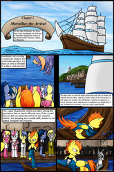 Size: 1280x1944 | Tagged: safe, artist:stuflox, imported from derpibooru, derpy hooves, lily, lily valley, lucky clover, spitfire, twinkleshine, oc, pegasus, pony, comic:the count of monte rainbow, the count of monte rainbow, comic, female, harbor, mare, pierre morel, ship, the count of monte cristo