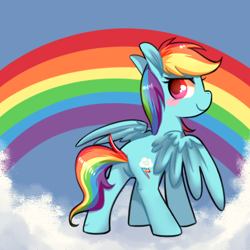 Size: 450x450 | Tagged: safe, artist:phyllismi, imported from derpibooru, rainbow dash, pegasus, pony, blush sticker, blushing, cloud, cute, dashabetes, female, mare, on a cloud, pixiv, rainbow, solo