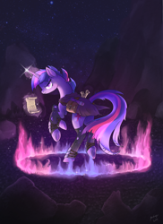 Size: 3142x4323 | Tagged: safe, artist:ratiasuq, imported from derpibooru, twilight sparkle, absurd resolution, alternate hairstyle, alternate timeline, badass, crystal war timeline, female, night, night sky, scroll, solo, stars