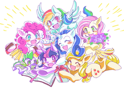 Size: 1280x910 | Tagged: safe, artist:tsukuda, imported from derpibooru, applejack, fluttershy, pinkie pie, rainbow dash, rarity, spike, twilight sparkle, alicorn, dragon, earth pony, pegasus, pony, unicorn, accordion, baby, baby dragon, blushing, book, bookmark, bouquet, cake, cute, cutie mark, dashabetes, diapinkes, eyes closed, female, flower, food, jackabetes, male, mane seven, mane six, mare, musical instrument, open mouth, pixiv, pony pile, present, raribetes, shyabetes, simple background, smiling, spikabetes, twiabetes, twilight sparkle (alicorn), white background