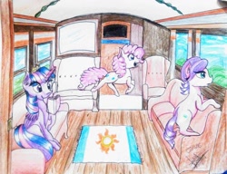 Size: 1020x784 | Tagged: safe, artist:scarlett-letter, imported from derpibooru, pinkie pie, spoiled rich, twilight sparkle, alicorn, pony, book, commission, couch, open mouth, reading, rug, sitting, smiling, traditional art, train, twilight sparkle (alicorn), window