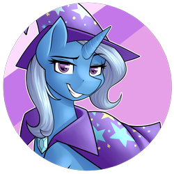 Size: 2800x2800 | Tagged: safe, artist:rubywave32, imported from derpibooru, trixie, pony, unicorn, button, female, grin, lidded eyes, looking at you, smiling, smirk, solo