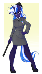 Size: 1100x1920 | Tagged: safe, artist:senseidezzy, deleted from derpibooru, imported from derpibooru, imported from ponybooru, oc, oc only, oc:aether aura, anthro, unicorn, anthro oc, clothes, female, military uniform, ponerpics import, skirt, solo, tube skirt