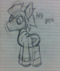 Size: 473x555 | Tagged: safe, artist:darwinsoft, imported from derpibooru, rumble, pegasus, pony, clothes, dialogue, hoodie, lined paper, male, older, pencil drawing, smiling, socks, solo, striped socks, traditional art