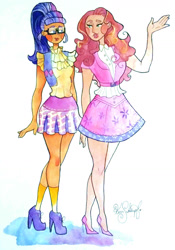 Size: 889x1271 | Tagged: safe, artist:kessandra-s, imported from derpibooru, sci-twi, sunset shimmer, twilight sparkle, equestria girls, alternate clothes, alternate costumes, alternate hairstyle, blush sticker, blushing, female, glasses, human coloration, lesbian, scitwishimmer, shipping, sunsetsparkle, traditional art