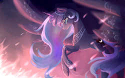 Size: 2560x1600 | Tagged: dead source, safe, artist:gianghanz, imported from derpibooru, princess luna, female, flying, scenery, smiling, solo