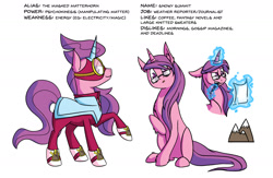 Size: 1659x1080 | Tagged: safe, artist:torusthescribe, idw, imported from derpibooru, masked matter-horn, pony, unicorn, female, magic, mare, paper, power ponies, quill, reference sheet