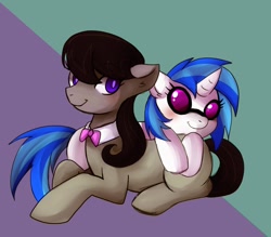 Size: 1274x1114 | Tagged: safe, artist:hosikawa, imported from derpibooru, dj pon-3, octavia melody, vinyl scratch, earth pony, pony, unicorn, cute, duo, lying down, lying on top of someone