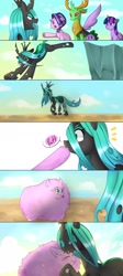 Size: 917x2048 | Tagged: safe, artist:hosikawa, imported from derpibooru, queen chrysalis, spike, starlight glimmer, thorax, twilight sparkle, oc, oc:fluffle puff, alicorn, changedling, changeling, pony, to where and back again, angry, blushing, canon x oc, chrysipuff, cliff, cloud, comic, crying, crysalis, eyes closed, female, floppy ears, frown, good end, how it should have ended, king thorax, lesbian, male, mare, open mouth, shipping, smiling, spread wings, sweat, sweatdrop, twilight sparkle (alicorn), underhoof