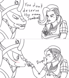 Size: 1920x2160 | Tagged: safe, artist:fashionframe, imported from derpibooru, king sombra, :<, angry, blushing, boop, bust, comic, crossed arms, crossover, dialogue, eyes closed, fangs, frown, glare, lineart, monochrome, namesake, open mouth, overwatch, sharp teeth, simple background, sombra (overwatch), teeth, unexpected, white background, wide eyes