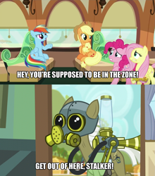 Size: 1207x1370 | Tagged: safe, edit, edited screencap, imported from derpibooru, screencap, applejack, fluttershy, max raid, pinkie pie, rainbow dash, earth pony, pegasus, pony, bloom and gloom, buckball season, female, gas mask, get out of here stalker, image macro, male, mare, mask, meme, pest control pony, s.t.a.l.k.e.r., stallion, the zone (s.t.a.l.k.e.r.), train, zone