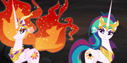 Size: 5500x2735 | Tagged: safe, artist:orin331, edit, edited screencap, idw, imported from derpibooru, screencap, nightmare star, princess celestia, reflections, the cutie re-mark, spoiler:comic, absurd resolution, alternate timeline, alternate universe, ashlands timeline, bad end, barren, dark mirror universe, dragon ball, dragon ball super, ear piercing, earring, evil, evil celestia, evil counterpart, goku black, implied genocide, jewelry, mane of fire, mirror universe, piercing, post-apocalyptic, potara, reference, smirk, wasteland, xk-class end-of-the-world scenario, zamasu