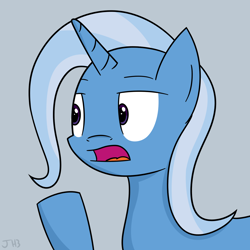 Size: 1600x1600 | Tagged: safe, artist:joey, imported from derpibooru, trixie, pony, unicorn, bust, female, gray background, lidded eyes, looking at something, open mouth, portrait, raised hoof, simple background, solo