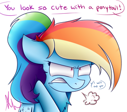 Size: 1000x883 | Tagged: safe, artist:vanillashineart, imported from derpibooru, rainbow dash, pegasus, pony, alternate hairstyle, angry, cute, dialogue, female, i'm not cute, mare, ponytail, snorting, solo