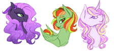 Size: 4695x1901 | Tagged: safe, artist:kittii-kat, imported from derpibooru, oc, oc only, oc:pippin apple, oc:shattered gem, oc:shimmering star, hybrid, bust, colored pupils, interspecies offspring, magical lesbian spawn, offspring, parent:braeburn, parent:rainbow dash, parent:rarity, parent:twilight sparkle, parents:braedash, parents:rarilight, parents:spiluna, portrait