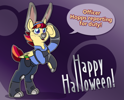 Size: 1239x1000 | Tagged: safe, artist:wiggles, imported from derpibooru, oc, oc only, oc:special delivery, pony, bipedal, clothes, costume, equestrian post, halloween, judy hopps, salute, solo, speech bubble, zootopia