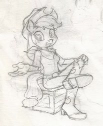 Size: 434x530 | Tagged: safe, artist:dertikleen, imported from derpibooru, applejack, anthro, earth pony, plantigrade anthro, applejack's hat, bandana, boots, cowboy hat, crate, female, grayscale, hat, monochrome, shoes, simple background, sitting, solo, traditional art, white background