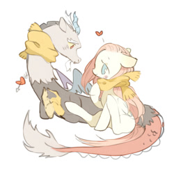 Size: 1024x1024 | Tagged: safe, artist:angel, imported from derpibooru, discord, fluttershy, clothes, discoshy, heart, male, pixiv, scarf, shipping, straight