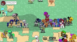 Size: 1440x783 | Tagged: safe, imported from derpibooru, screencap, double diamond, oc, oc:milky way, oc:seafood dinner, oc:sign, pony, pony town, clothes, derp, female, mare, open mouth, screenshots, socks, striped socks