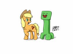 Size: 2560x1920 | Tagged: safe, artist:pwnagespartan, imported from derpibooru, applejack, earth pony, pony, creeper, cute, drawing, duo, minecraft, simple, smiling